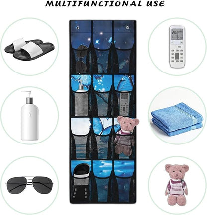 Blue Butterfly Hanging Storage Shoe Organizer for Closet 12 Mesh Pockets Over The Door Wall Closet Holder for for Boots & Sneakers Toys
