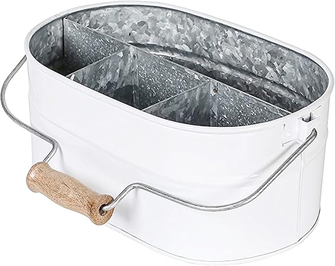 Goroly Home Galvanized Utensil Caddy with Wooden Handle for Kitchen Counter, Silverware Organizer for Flatware, Condiments, Party Supplies - White