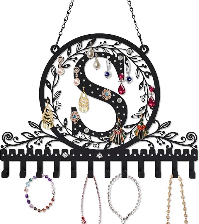 Wall-Mounted Metal Initial Letter S Earring Holder Hanging Jewelry Organizer for Earrings and Necklaces Space-Saving Wall Display with Hooks for Jewelry Storage