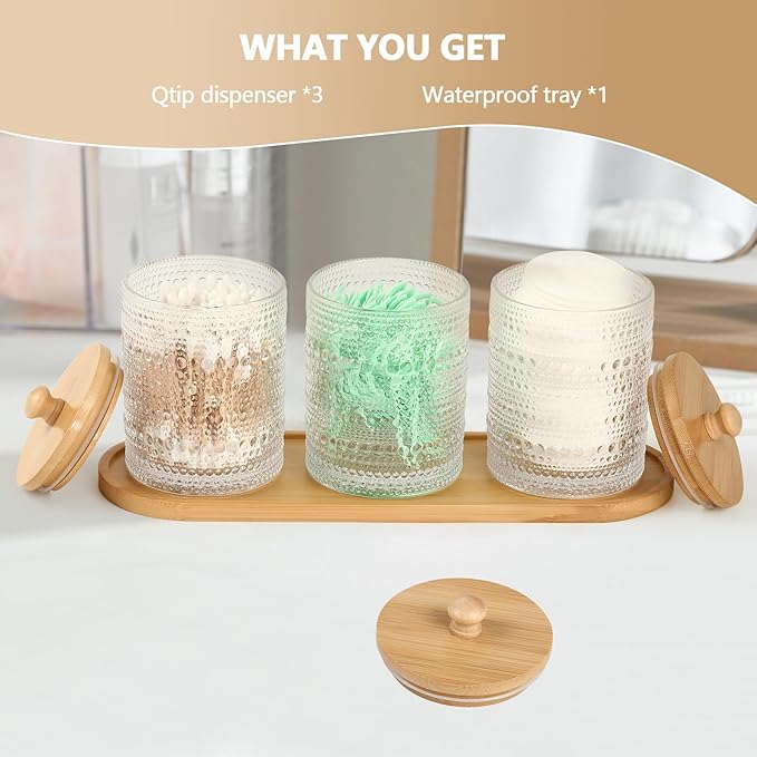 eggs sound 3 Pack Qtip Holder - Bathroom Organizers and Storage, Cotton Round Pad Holder Floss Pick Cotton Ball Holder with Tray, Glass Apothecary Jars with Lids, -clear y D