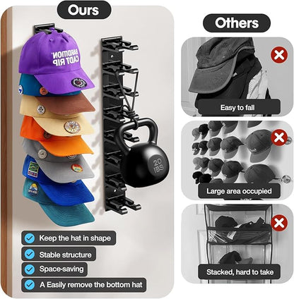 Hat Organizer for Baseball Caps, 2 Pack Hat Rack for Wall Closet Door Hold up to 16 Hats,Hat Holder with Adhesive and 8 Screws, Hat Hanger Cap Holder Hat Hangers for Wall Closet Door Bedroom(A-Black)