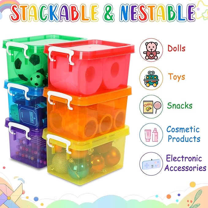 6 Pack 4 Quart Colorful Plastic Storage Bins with Lids Stackable Storage Bins with Latching Lids Handle Clear Colored Storage Organizer Bins for Toy Classroom Home Office Pantry Containers(6 Colors)
