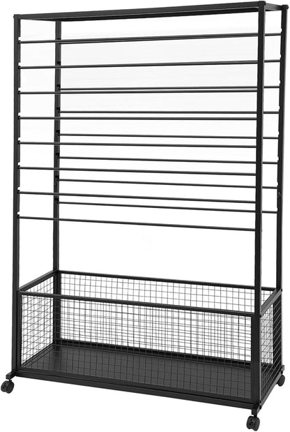Commercial Ribbon Holder Organizer w/ 16 Rods & Locking Wheels - 59" Mobile Craft Storage for Florists, 4-Tier w/Mesh Basket (Black, 39.37 * 12.6 * 59.06in)