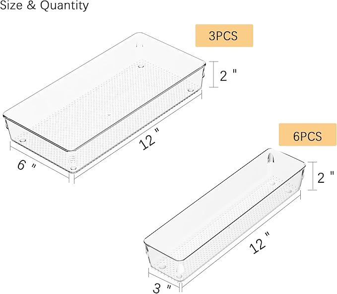 3 Pack Clear Plastic Drawer Organizer Tray Cutlery Utensil Makeups Drawer Silverware Organizers 12" X 6"&12＂X3＂(9Pack)
