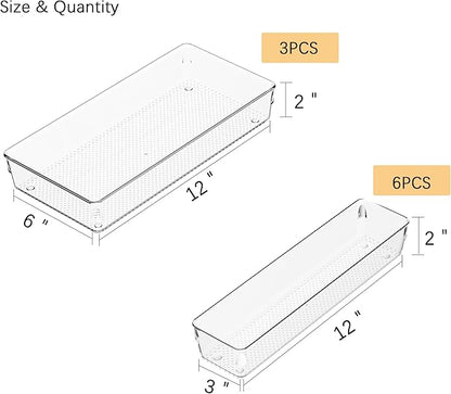 3 Pack Clear Plastic Drawer Organizer Tray Cutlery Utensil Makeups Drawer Silverware Organizers 12" X 6"&12＂X3＂(9Pack)