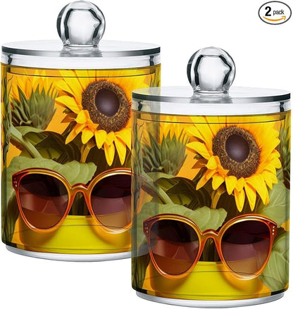 2 Pack Qtip Cotton Ball Holder Dispenser with Lid Funny Sunflower Print, Plastic Jars Bathroom Canisters Storage Organizer