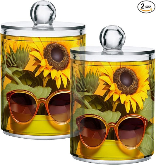 2 Pack Qtip Cotton Ball Holder Dispenser with Lid Funny Sunflower Print, Plastic Jars Bathroom Canisters Storage Organizer