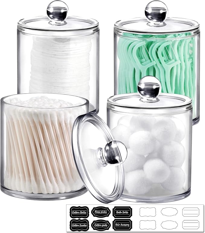 SheeChung 4-Pack Clear Acrylic Apothecary Jars with Labels - (2) 10oz & (2) 12oz Qtip Holder Set - Shatterproof Bathroom Vanity Organizer for Cotton Swabs, Balls, Pads - Minimalist Decor