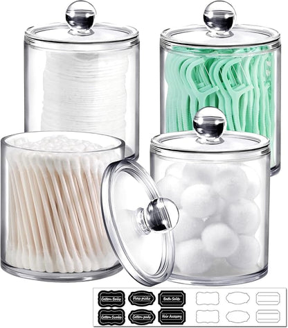 SheeChung 4-Pack Clear Acrylic Apothecary Jars with Labels - (2) 10oz & (2) 12oz Qtip Holder Set - Shatterproof Bathroom Vanity Organizer for Cotton Swabs, Balls, Pads - Minimalist Decor