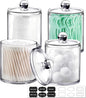 SheeChung 4-Pack Clear Acrylic Apothecary Jars with Labels - (2) 10oz & (2) 12oz Qtip Holder Set - Shatterproof Bathroom Vanity Organizer for Cotton Swabs, Balls, Pads - Minimalist Decor