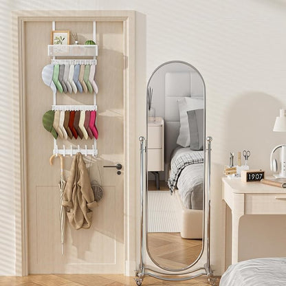 4 Tier Over Door Hat Organizer with Basket, Hat Holder Rack for Baseball Cap with 24 Hooks（2-Tier 9-Hook & 1-Tier 6-Hook）,Hat Hanger Storage Holds up to 24+ Caps for Door, Bedroom, Closet (White)