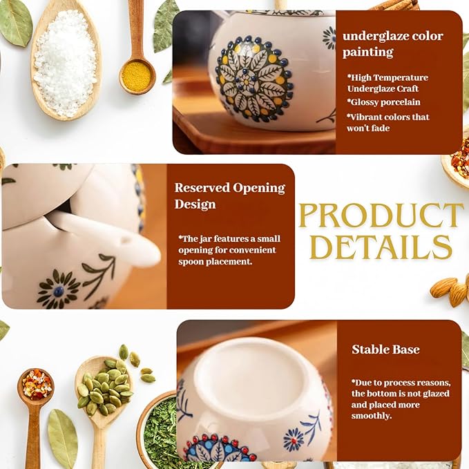 13.5 Oz Salt Cellar With Lid and Spoon (Green)- Ceramic Chicken Spice Jars for Salt, Sugar, Pepper - Spice Containers for Countertop