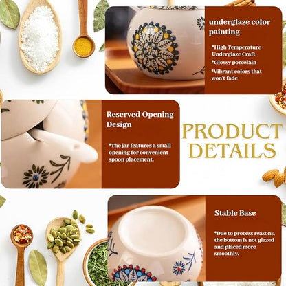 13.5 Oz Salt Cellar With Lid and Spoon (Green)- Ceramic Chicken Spice Jars for Salt, Sugar, Pepper - Spice Containers for Countertop