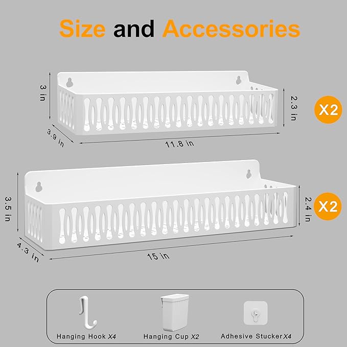 Sevenblue 4 Pack Large Magnetic Spice Rack for Refrigerator, Spice Rack Organizer, Moveable Magnetic Shelf Fridge Organizer with 4 Hooks for Kitchen and Oven Organization, White