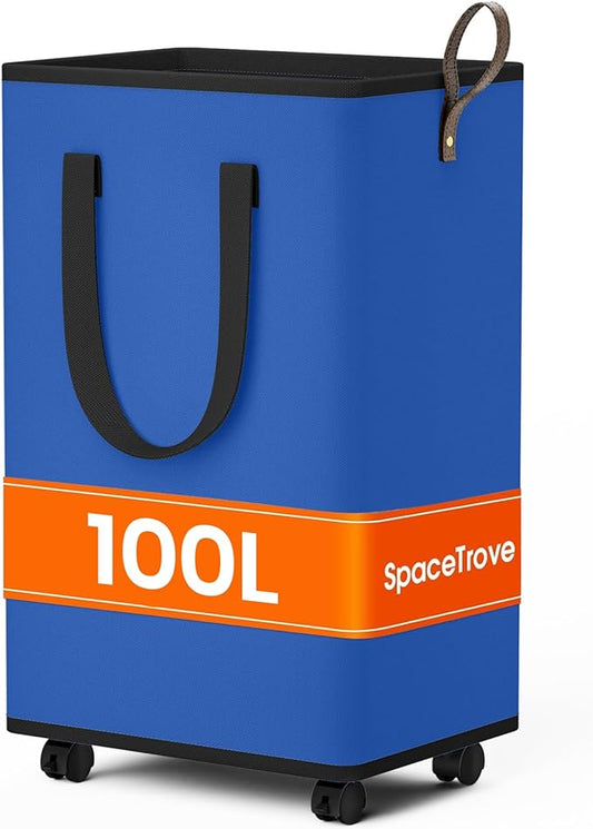 SpaceTrove Laundry Basket with Wheels, Collapsible Laundry Baskets, Laundry Hamper with Handles Detachable Wheels, Rolling Laundry Basket, Dirty Clothes Hamper for Bathroom, Dorm, Bedroom, Blue, 100L