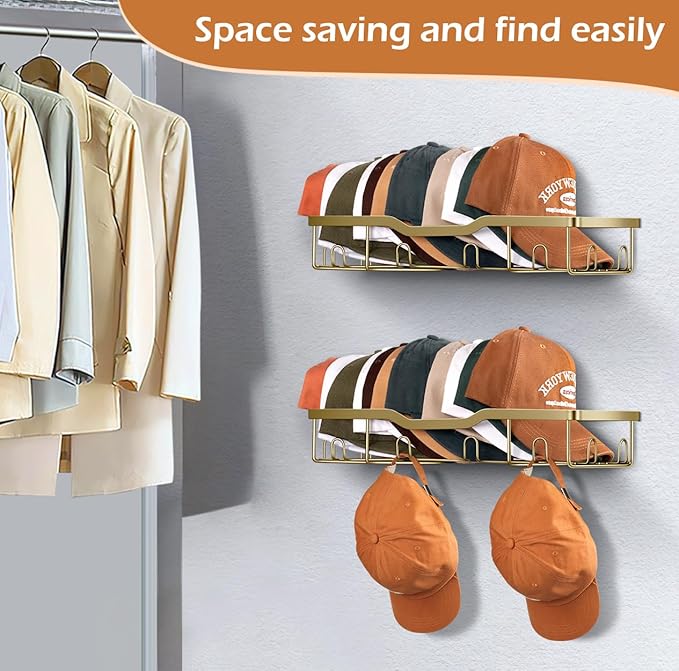 KEETDY Metal Hat Organizer for Baseball Caps Wall Hat Rack Fit 48 Caps Holder, 2 Packs Sturdy Wall Mounted Hat Storage Organizer, Gold