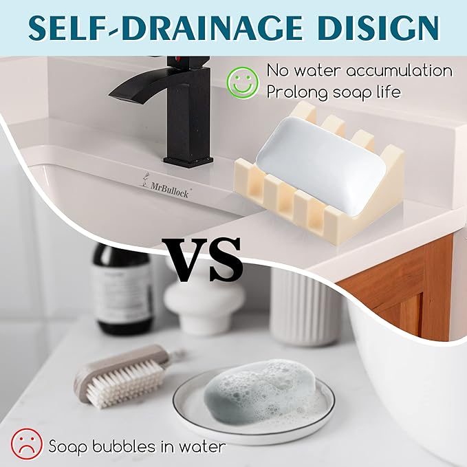 2 Pack Self Draining Silicone Soap Dish with Suction Cups - Non-Slip Bar Soap Holder for Shower & Kitchen, Waterfall Tray Keeps Soap Dry, Easy Clean, Extends Soap Life (Cream White)