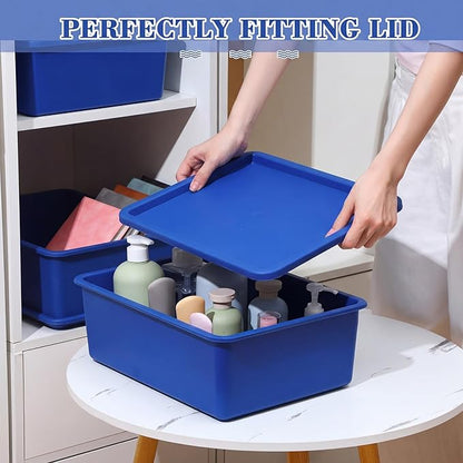 Menkxi 4 Pcs Storage Bins with Lids Plastic Stackable Containers for Organizing Shelves Christmas Ornament Box Baskets(Dark Blue, Light Blue,Large)