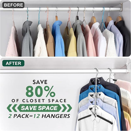 DOIOWN Space Saving 6 Tier Coat Hangers - Non Slip Foam Padded, Black Metal Sweater & T Shirt Hangers for Men & Women, 2 Pack Closet Organizers