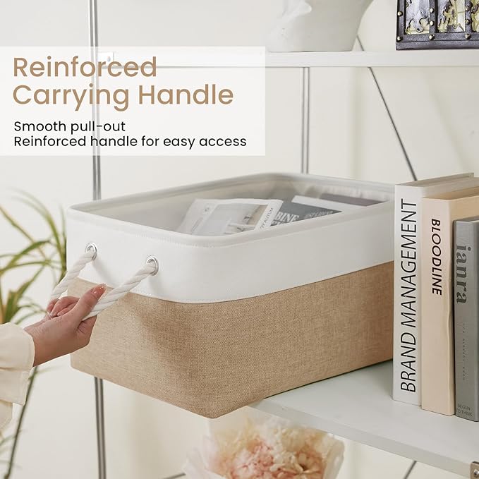 Large Storage Baskets- 15.7x11.8x8.26 inch Storage Bins for Shelves and Closet Organizing, Foldable Fabric Bin for Home Organization Clothes and Laundry (3-Pack, White&Khaki)