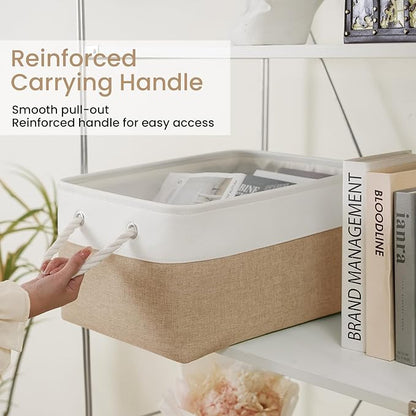 Large Storage Baskets- 15.7x11.8x8.26 inch Storage Bins for Shelves and Closet Organizing, Foldable Fabric Bin for Home Organization Clothes and Laundry (3-Pack, White&Khaki)