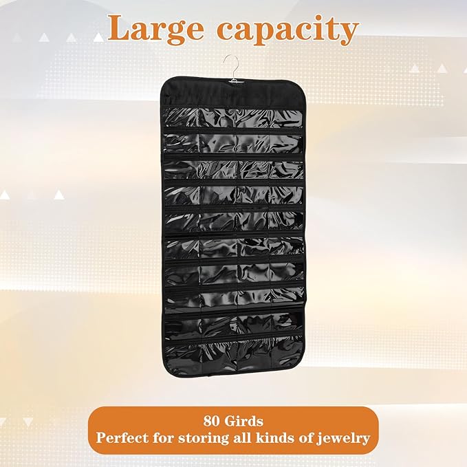 4 Pcs Hanging Jewelry Organizer, Double-Sided Earring Holder with 80 Clear Pockets Black Jewelry Storage Roll with Rotatable Hanger for Earrings, Necklaces, Rings, Bracelets on Closet, Wall, Door