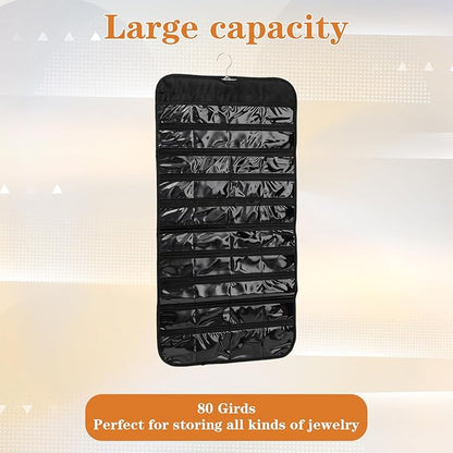 4 Pcs Hanging Jewelry Organizer, Double-Sided Earring Holder with 80 Clear Pockets Black Jewelry Storage Roll with Rotatable Hanger for Earrings, Necklaces, Rings, Bracelets on Closet, Wall, Door