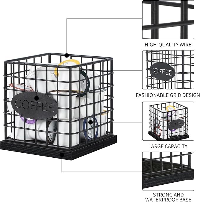 YINMIT K Cup Holder Organizer, Sturdy Coffee Pod Holder Organizer, 35 Kcup Large Capacity Storage Basket for Kitchen Counter and Office Desktop (Black-Square)