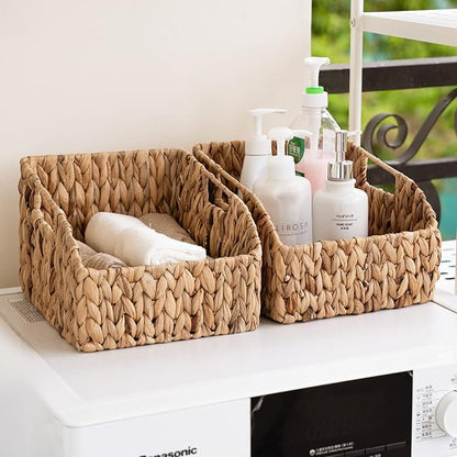 FairyHaus Wicker Baskets 2 Pack, Natural Large Wicker Baskets for Storage, Nesting Hand-woven Water Hyacinth Wicker Baskets for Organizing with Built-in Handles, 9"L x 11"W x 7"H