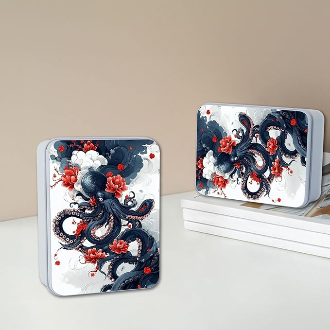 Metal Tin Box with Lid for Game Cards Home Organizer Candles Keys Crafts Storage - Equipped with 4 Magnetic Cord Clips，Octopus and Red Flower