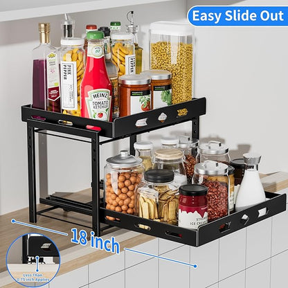 BOIVSHI Spice Organization for Cabinet, 2-Tier Cabinet Spice Rack, Height Adjustable Vertical Spice Rack Pull Out for Kitchen, Cabinet, Pantry (14.1''Wx10.8''Dx9.2''H, Metal Black)