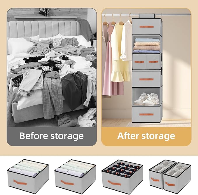 Hanging Closet Organizer 6-Shelf, Upgrade Closet Organizers and Storage with 5 Removable Drawers & 4 Side Pockets, Hanging Shelf Organizer for Bedroom or Garment Rack, 12.6'' x 12.6'' x 44.1'', Gray