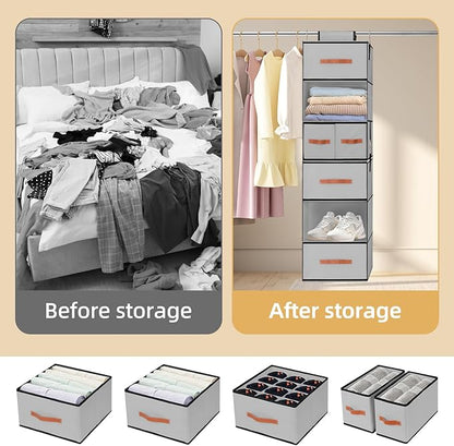 Hanging Closet Organizer 6-Shelf, Upgrade Closet Organizers and Storage with 5 Removable Drawers & 4 Side Pockets, Hanging Shelf Organizer for Bedroom or Garment Rack, 12.6'' x 12.6'' x 44.1'', Gray