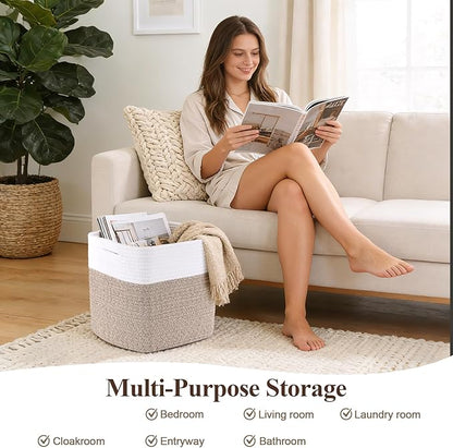 Cube Storage Bins 11 Inch Shelf Cotton Rope Baskets for Organizing, Woven Storage Basket - For Magazines, Living Room, Closet, White+brown 3 Pack