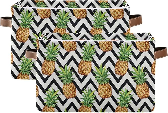 Pineapple Pattern Storage Basket Bin, Large Cube Storage Box Canvas Collapsible Storage Organizer for Home Office Closet, 2PCS - 15 L x 11 W x 9.5 H