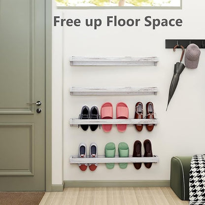 tonchean Wall Mounted Shoe Rack 30in, Solid Wood Hanging Shoe Organizer Storage Rack Shabby White Washed, Wooden Shoe Shelf Rack, Hanging Shoe Organizer Holder for Closet Mudroom RV Entryway, 4 pack