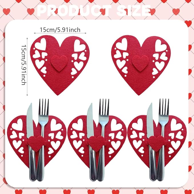 8 Pcs Valentine Hollow Heart Flatware Holder Cutlery Bags Red Valentine's Day Silverware Felt Tableware Holder Pocket Knife Fork Covers for Wedding Birthday Mother's Day Party Table Setting Decor