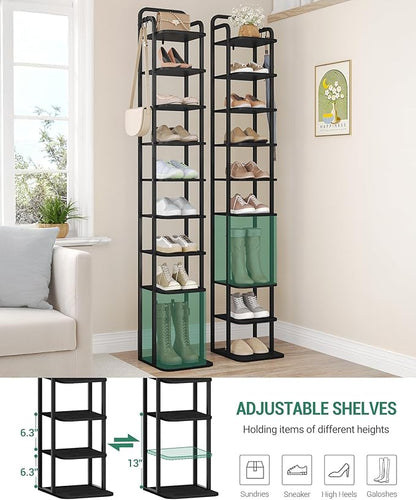 Hzuaneri Vertical Shoe Rack, Shoe Shelves, Wood Shoe Organizer for Closet, Entryway, Shoe Tower for Small Spaces, Free Standing, Adjustable, with 2 Hooks, 10 Tier Black SR11204B