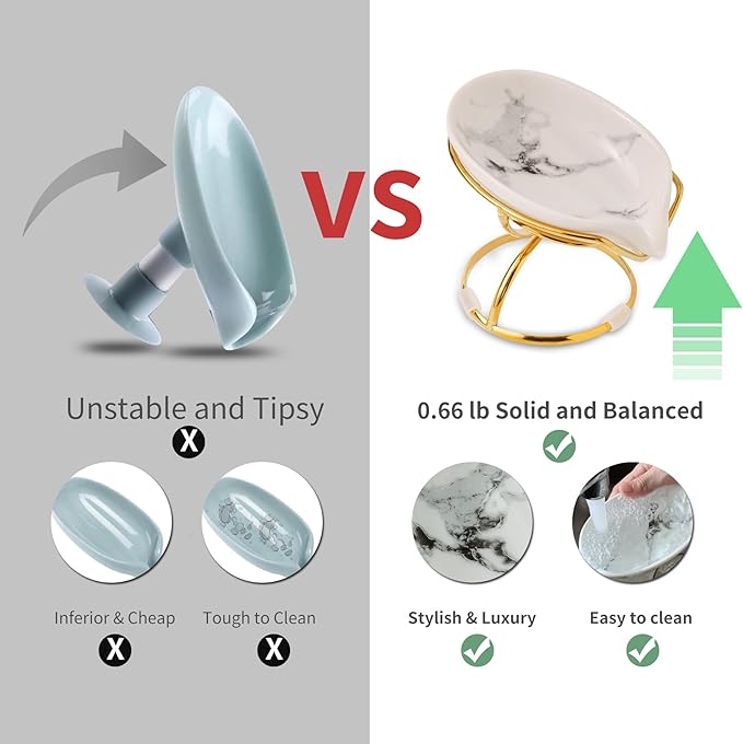 Dobbyby Leaf-Shaped Soap Dish – Ceramic Soap Bar Holder with Self-Drainage System – Bar Soap Holder for Shower, Bathroom Sink, Kitchen – Soap Dish with Stainless Steel Stand (White-Gold-2 Pack)