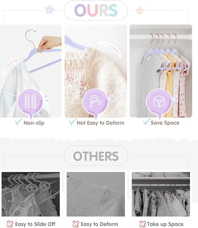 VIS'V Baby Hangers, 11 Inch Velvet Kids Hangers with 6 Pcs Clothes Size Dividers, Infant Toddler Nursery Closet Organization, Non Slip, Lavender, 30 Pcs
