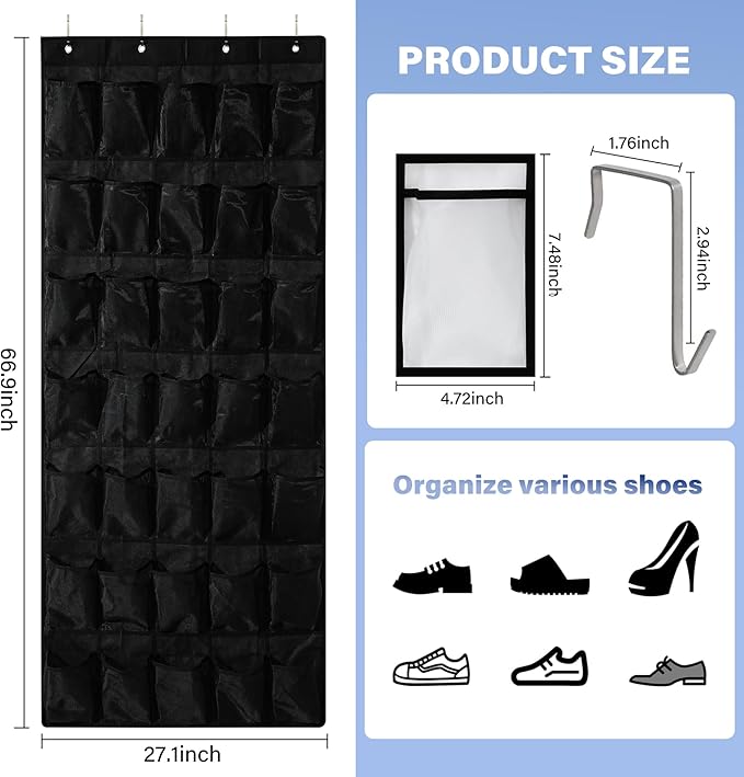 35Large Pockets Over The Door Shoe Organizer, Mesh Pockets Shoe Holder Rack, Capacity hanging shoe organizer，door shoe rack With 4 Metal Hook.