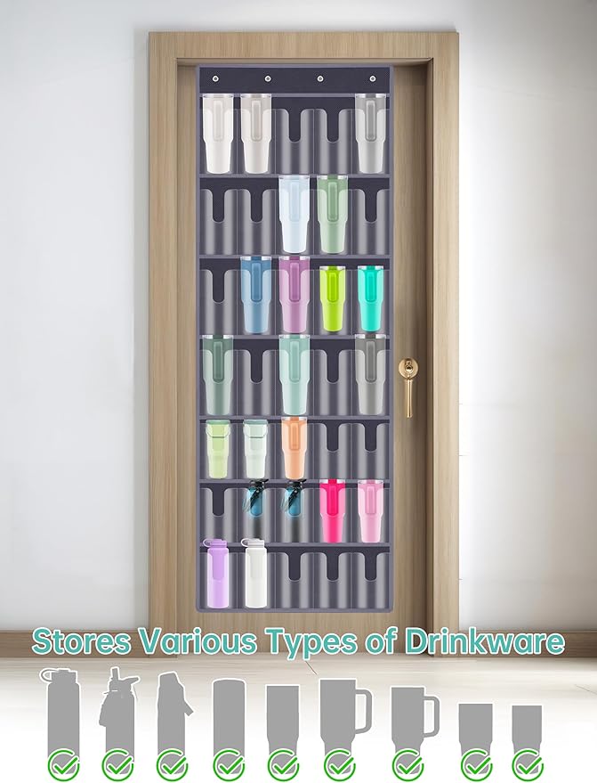 NiHome 35-Pocket Large Capacity Door Cup Organizer Fit for Stanley Tumblers 30/40oz, Door Hanging Water Bottle Storage, Double-Sided Tape Stabilizer, Waterproof Oxford Fabric, Transparent (Dark Gray)