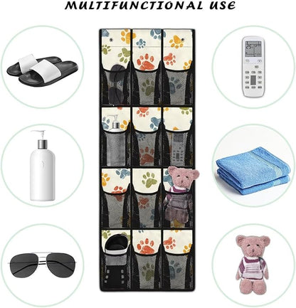 Dog Paw Behind Door Shoes Hang Holder Rack,Shoe Organizer Door Hanger with 12 Mesh Large Pockets,Space Saver,Unique Print