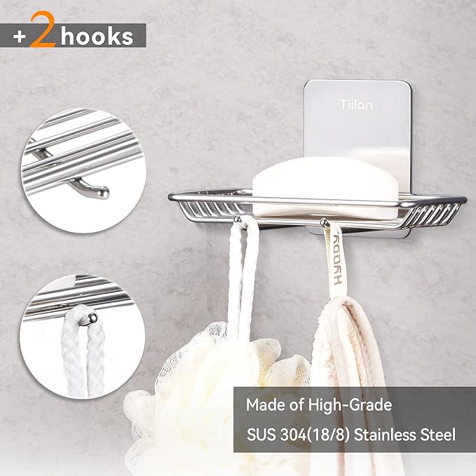 Self Adhesive Bar Soap Dish for Shower, Bathroom Soap Holder Wall Mount – Stainless Steel, Silver