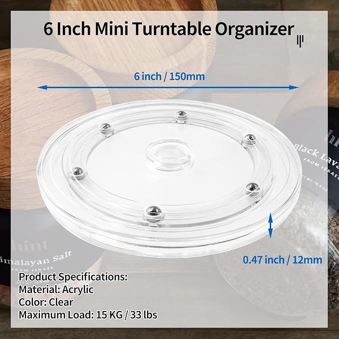 Bivethoi 6 Inch Mini Turntable - Clear Rotating Tray, Acrylic Ball Bearing Turntable Plate for Kitchen, Spice Rack, TV, Laptop, Computer Monitor