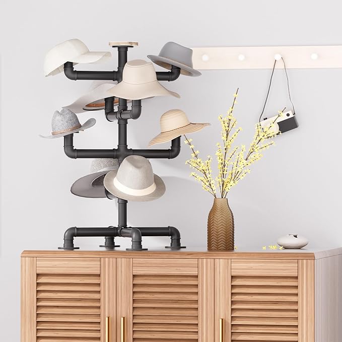 4-Tier Hat Racks Heavy Duty Metal Pipe Hat Display - 8 Rustic Solid Wood Hooks Free Standing Cap Organizer for Hats Wigs Headwear Tabletop Display