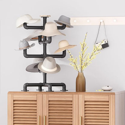 4-Tier Hat Racks Heavy Duty Metal Pipe Hat Display - 8 Rustic Solid Wood Hooks Free Standing Cap Organizer for Hats Wigs Headwear Tabletop Display
