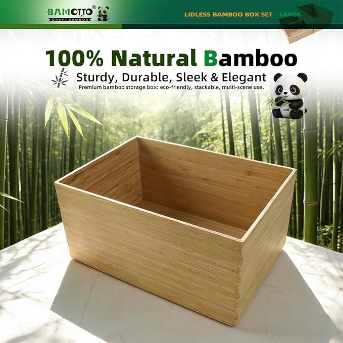 BAMOTTO CRAFTBAMBOO 3-Piece Large Bamboo Storage Box Set - 7.1in High Stackable Deep-Drawer Organizer, Lidless Bamboo Bin for Kitchen Cutlery Utensils Knives (14.6"x10.2"x7.1"*1 + 10.2"x7.3"x3"*2)