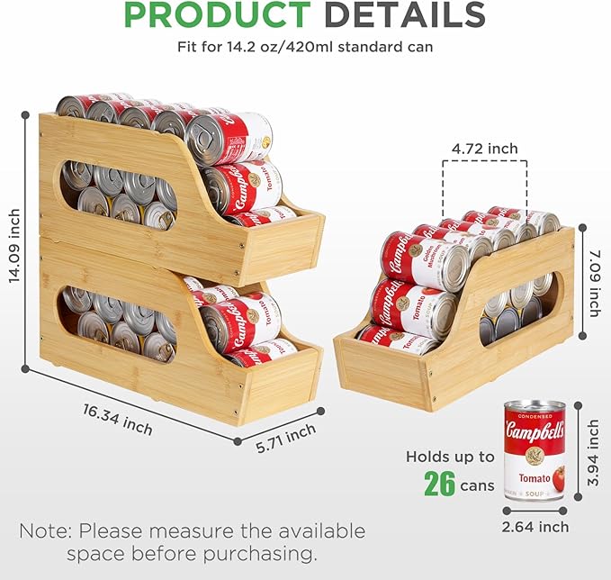 2 Pack Bamboo Can Organizer for Pantry, Soda Can Dispenser Rack Drink Holders Stackable Canned Goods Storage for Pantry Kitchen Cabinet Up To 30 Cans