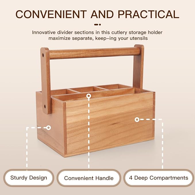 Silverware Caddy with Handle Acacia Paper Plate Holders Wooden Utensil Holder Mulip-Purpose Organizer Picnic Utensil Caddy for Party Home Kitchen Office Bathroom Bedroom RV